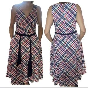 Eliza J Multi-Color Plaid V-Neck Sleeveless Fit & Flare Dress with Navy Belt
